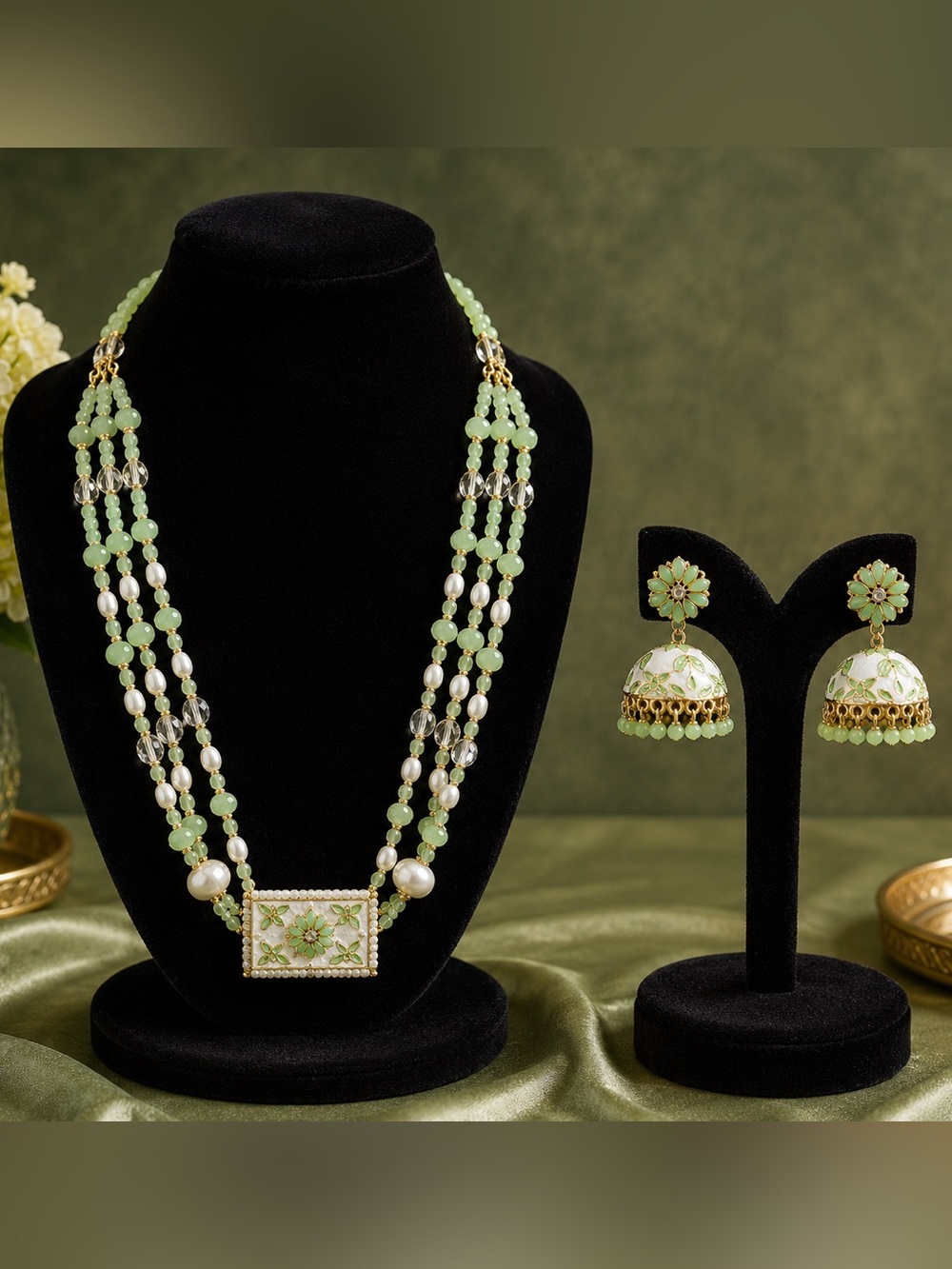 Upcycled Zaveri Pearls Mint Green Enamel Meenakari Jhumka Necklace & Earrings